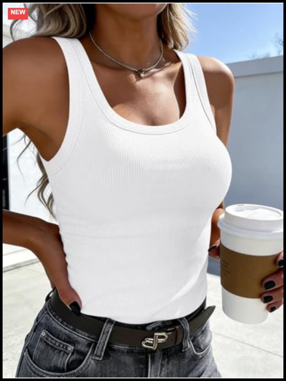 Women's Sleeveless Racerback Tank Top Ribbed Knit Scoop Neck Casual Basic - Picture 4 of 6